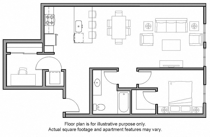 Floor plan for 1 bed, 1 bath, 942 sqft
