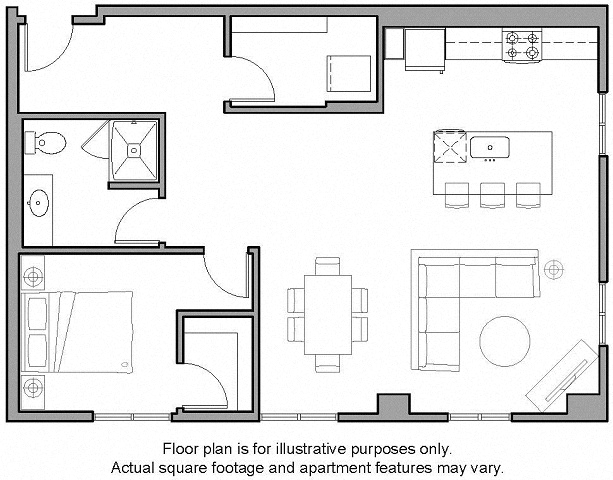 Floor plan for 1 bed, 1 bath, 977 sqft