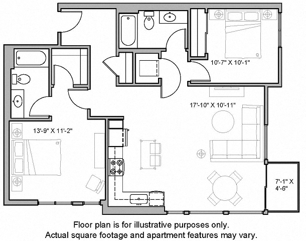 Floor plan for 2 beds, 2 baths, 1087 sqft