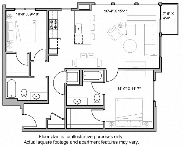 Floor plan for 2 beds, 2 baths, 1085 sqft