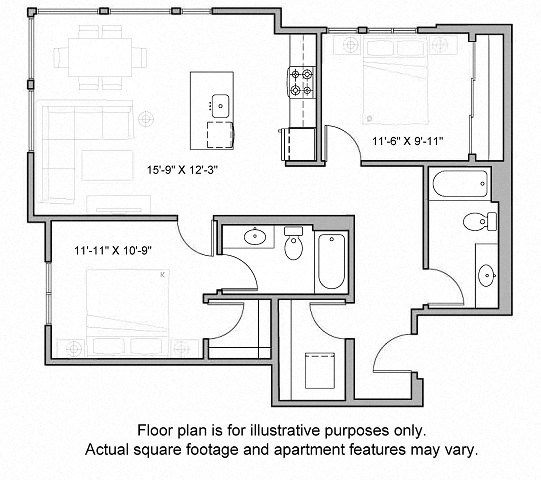 Floor plan for 2 beds, 2 baths, 1033 sqft