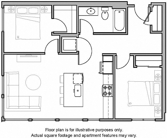Floor plan for 2 beds, 1 bath, 835 sqft