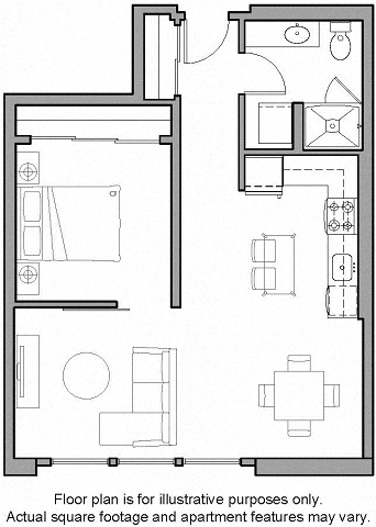 Floor plan for 1 bed, 1 bath, 703 sqft