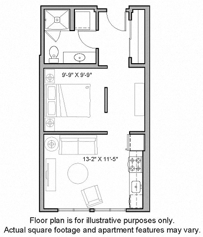 Floor plan for 1 bed, 1 bath, 527 sqft