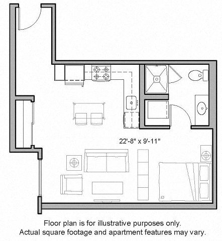 Floor plan for studio, 1 bath, 565 sqft