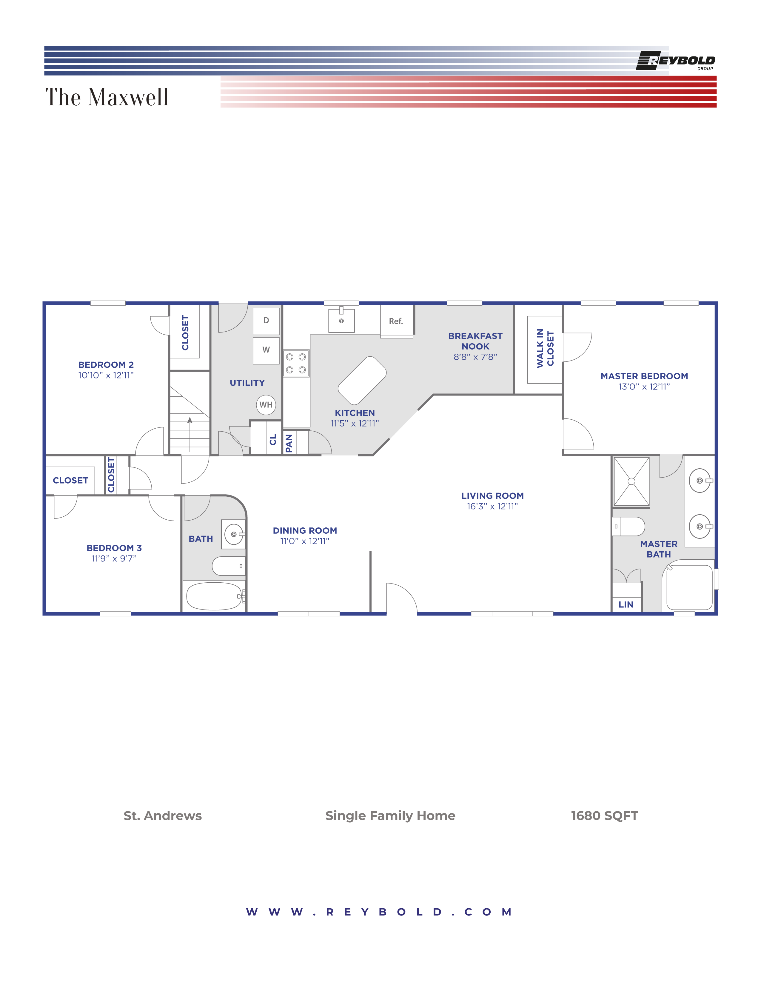 Floor plan for 3 beds, 2 baths, 1680 sqft