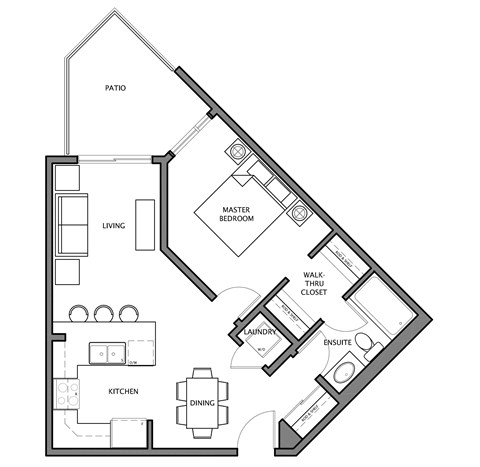 Floor plan for 1 bed, 1 bath, 602 sqft