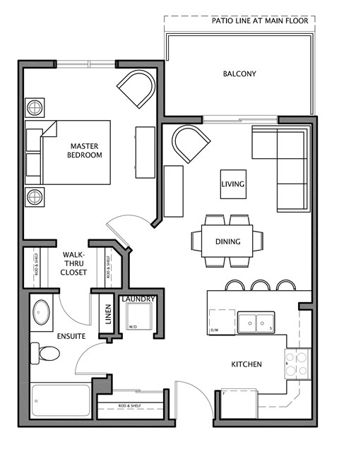 Floor plan for 1 bed, 1 bath, 619 sqft