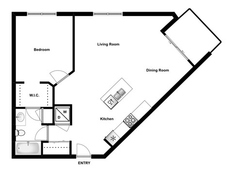 Floor plan for 1 bed, 1 bath, 800 sqft