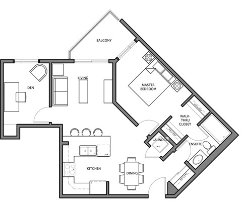 Floor plan for 1 bed, 1 bath, 726 sqft