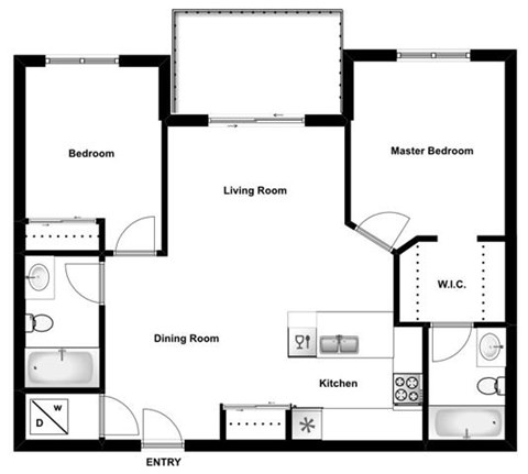 Floor plan for 2 beds, 2 baths, 886 sqft