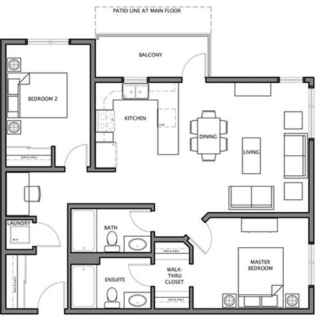 Floor plan for 2 beds, 2 baths, 954 sqft