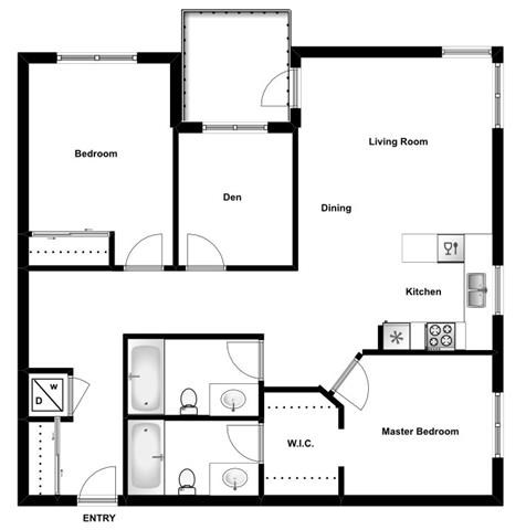 Floor plan for 2 beds, 2 baths, 1024 sqft