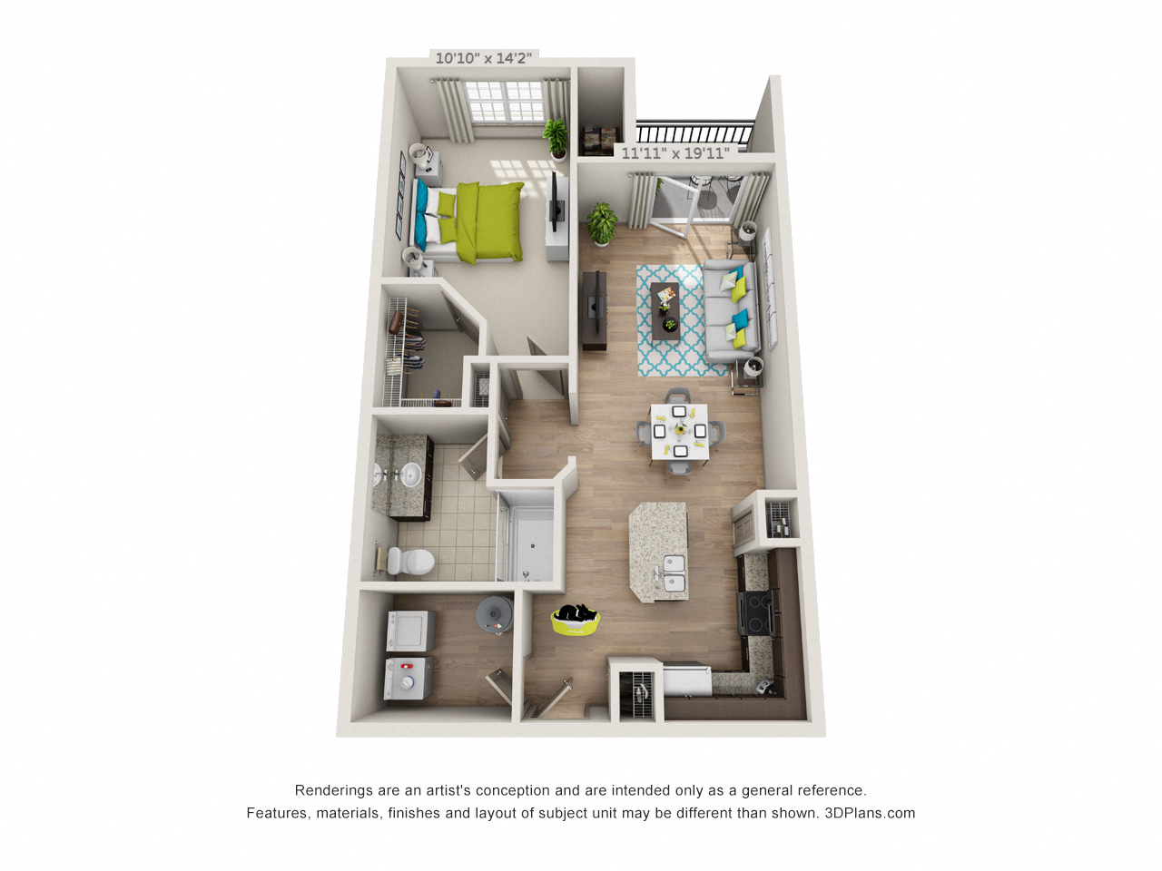 Floor plan for 1 bed, 1 bath, 849 sqft