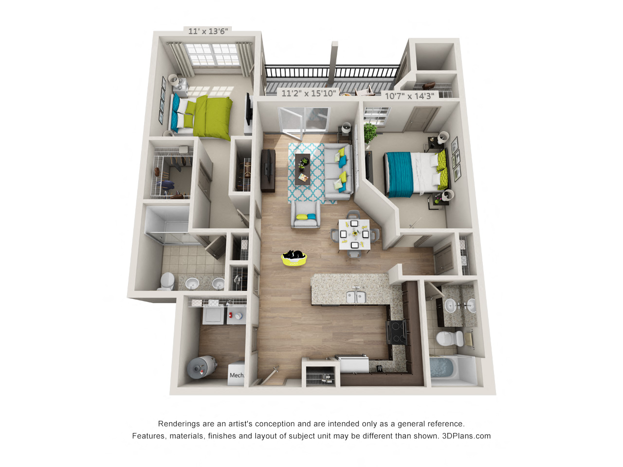 Floor plan for 2 beds, 2 baths, 1166 sqft