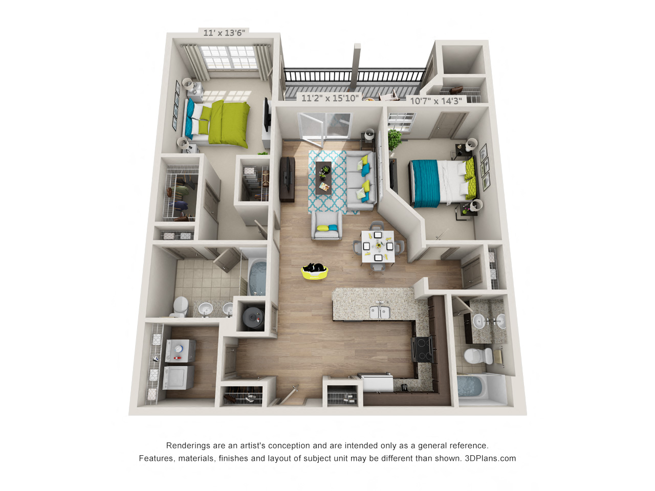 Floor plan for 2 beds, 2 baths, 1195 sqft