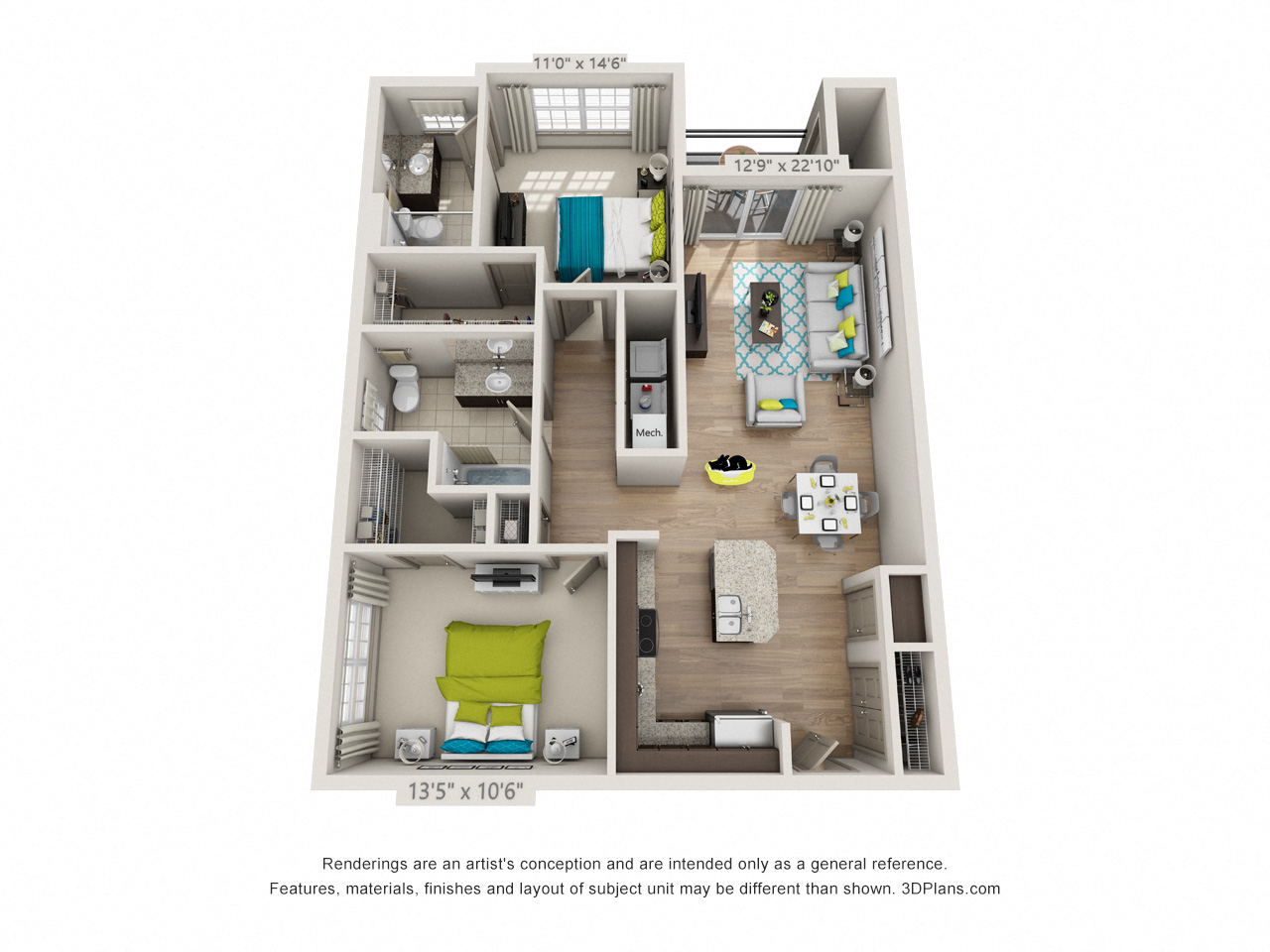 Floor plan for 2 beds, 2 baths, 1078 sqft