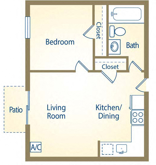 Floor plan for 1 bed, 1 bath, 600 sqft