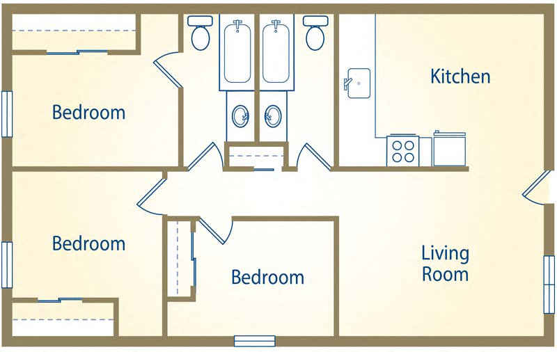 Floor plan for 3 beds, 2 baths, 1000 sqft