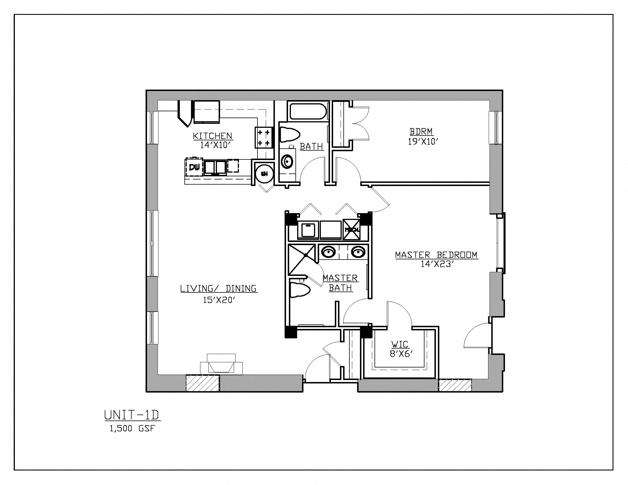 Floor plan for 2 beds, 2 baths, 1500 sqft