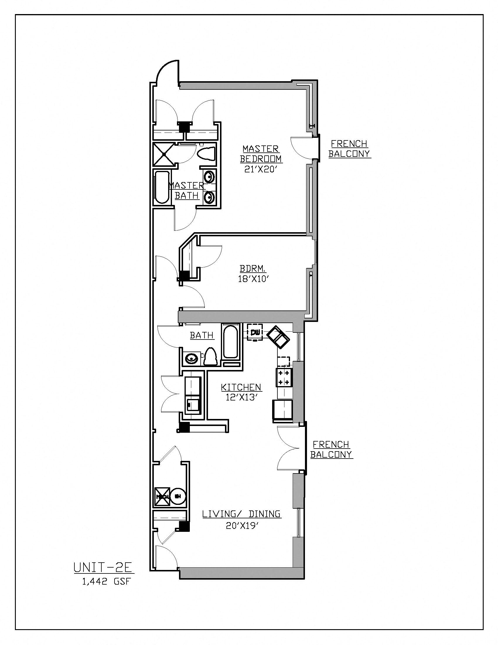 Floor plan for 2 beds, 2 baths, 1442 sqft