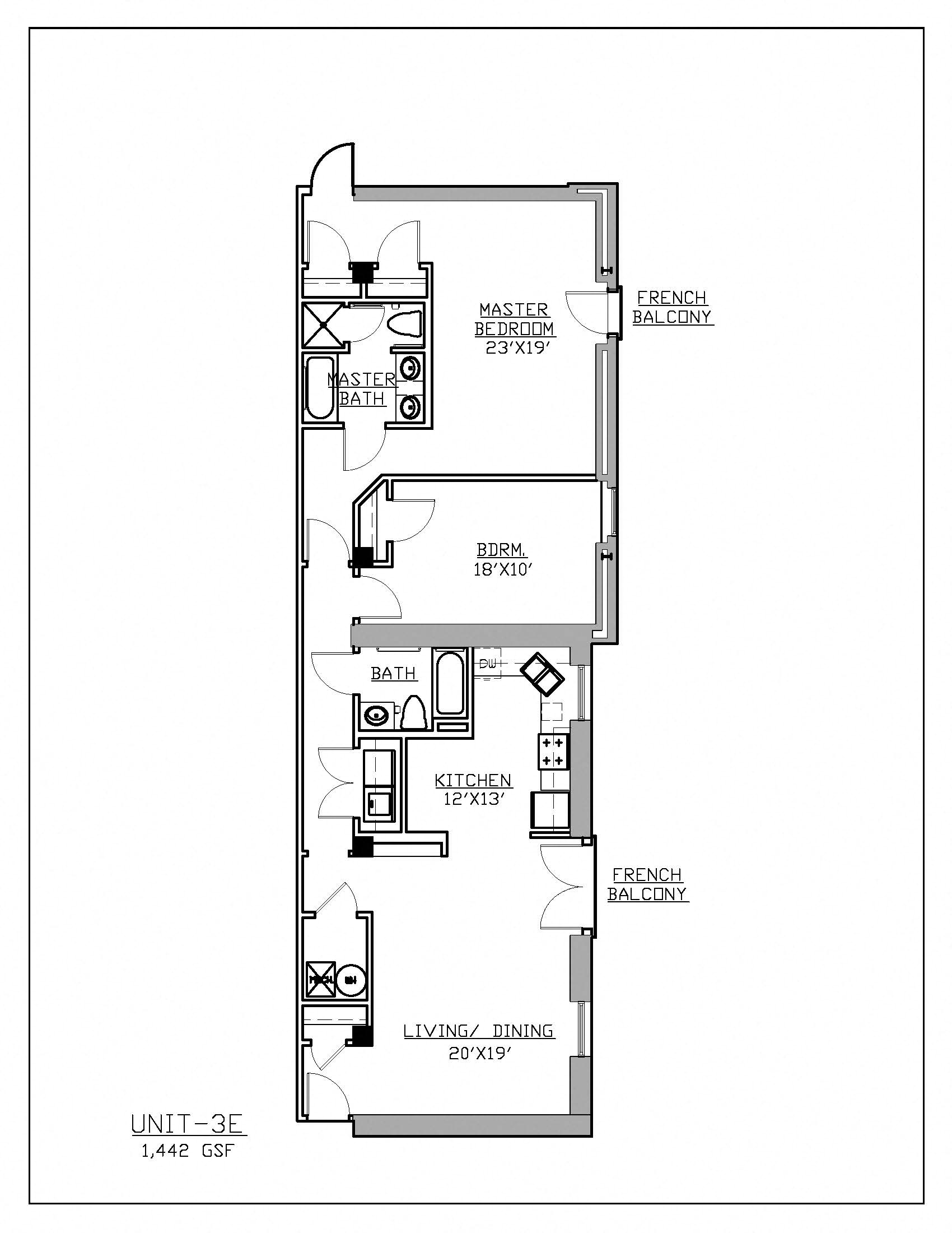 Floor plan for 2 beds, 2 baths, 1442 sqft