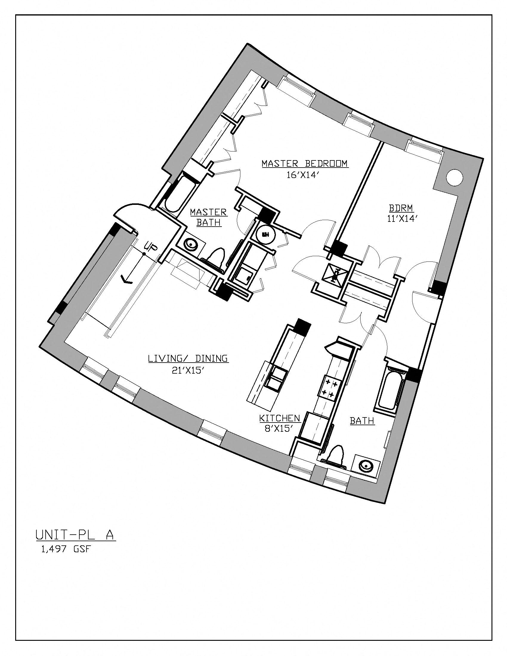 Floor plan for 2 beds, 2 baths, 1497 sqft