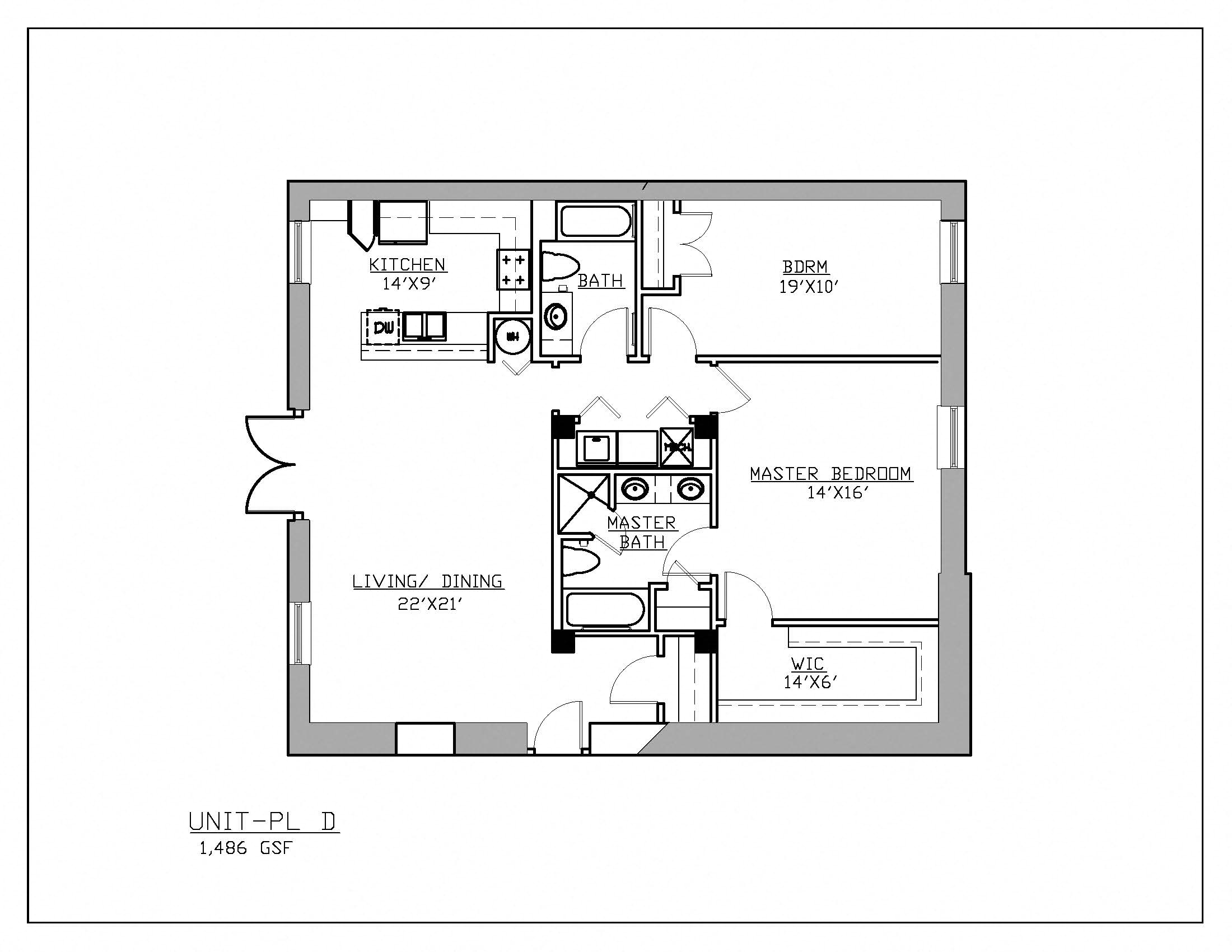 Floor plan for 2 beds, 2 baths, 1486 sqft