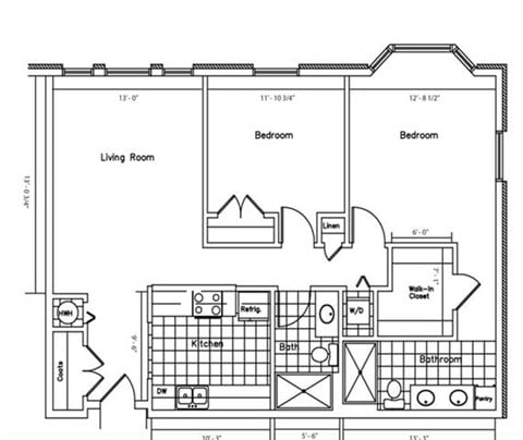 Floor plan for 2 beds, 2 baths, 1115 sqft