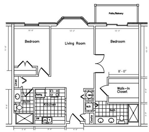 Floor plan for 2 beds, 2 baths, 1008 sqft
