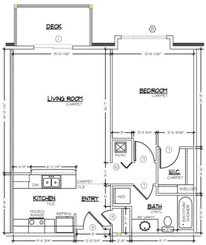 Floor plan for 1 bed, 1 bath, 754 sqft