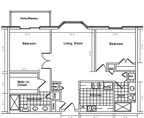 Floor plan for 2 beds, 2 baths, 1087 sqft