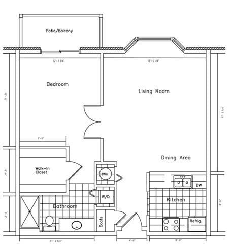 Floor plan for 1 bed, 1 bath, 807 sqft