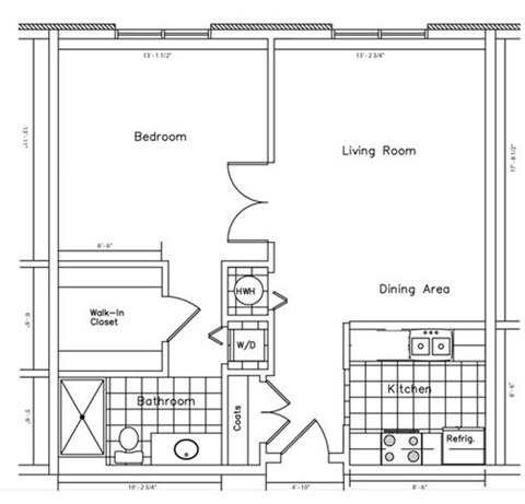 Floor plan for 1 bed, 1 bath, 760 sqft