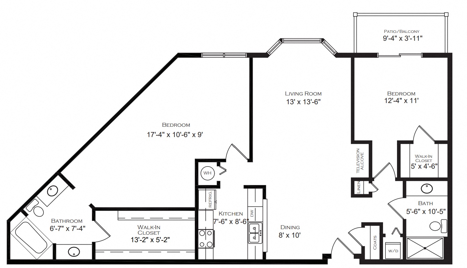 Floor plan for 2 beds, 2 baths, 1373 sqft