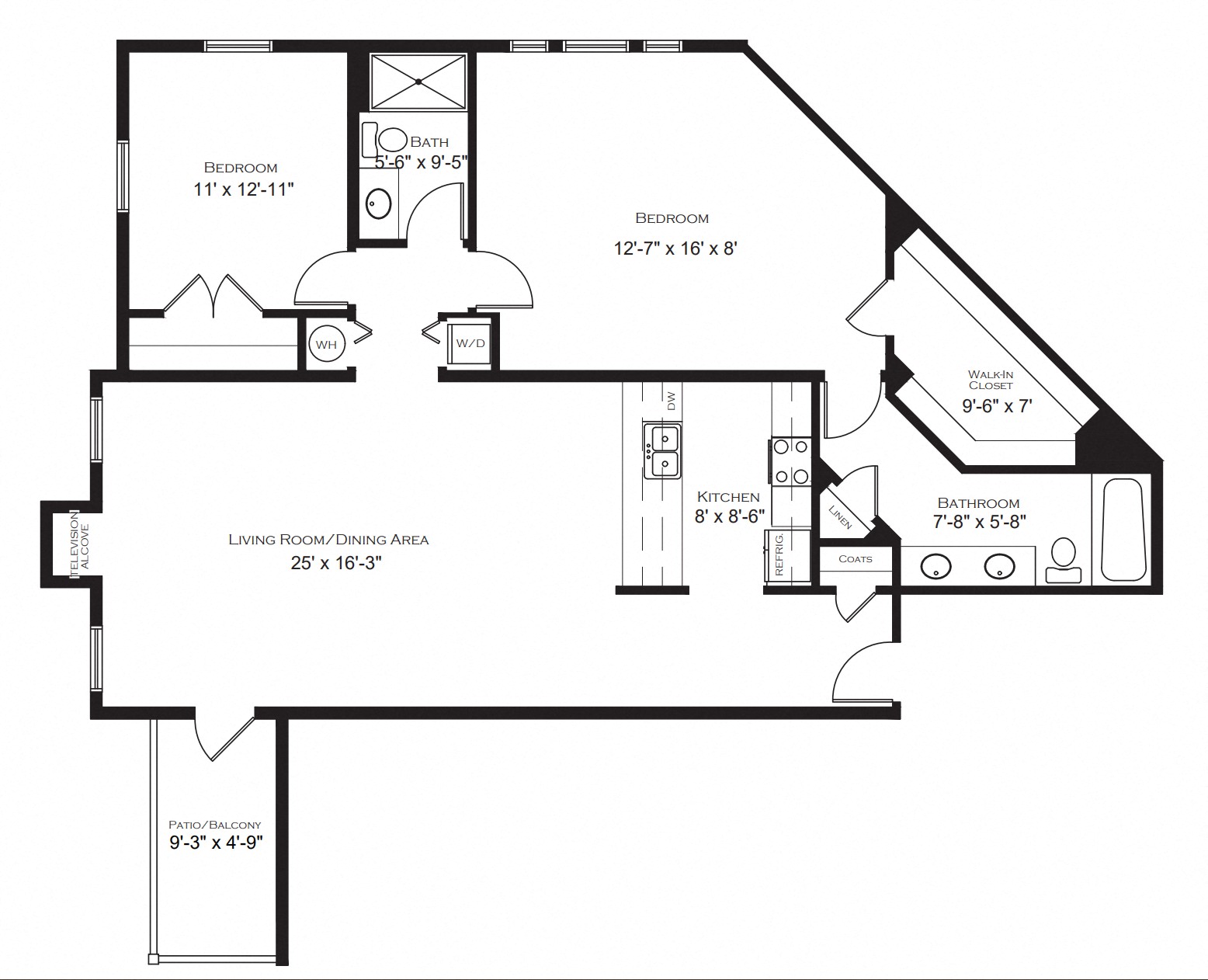 Floor plan for 2 beds, 2 baths, 1524 sqft