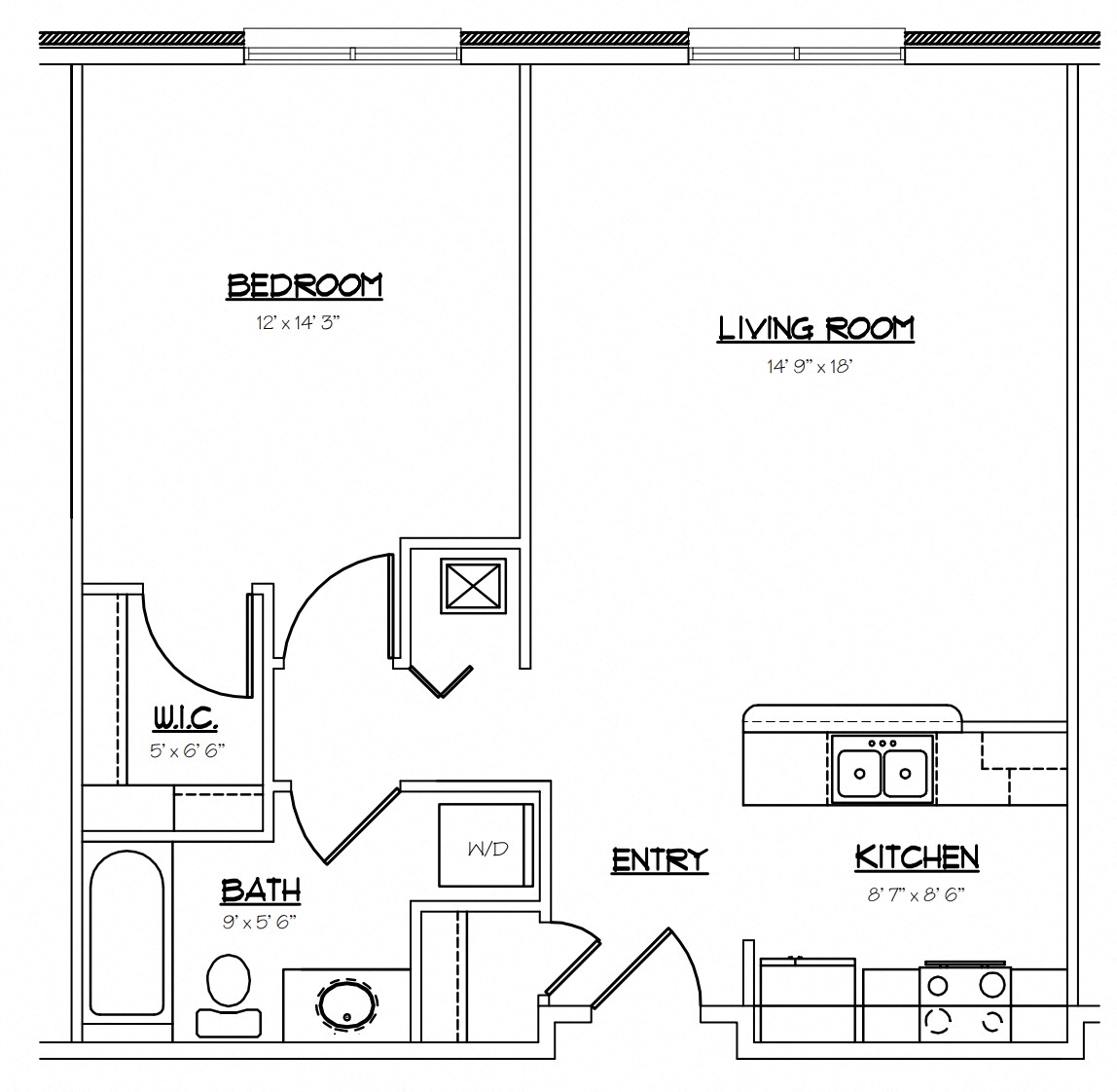 Floor plan for 1 bed, 1 bath, 720 sqft