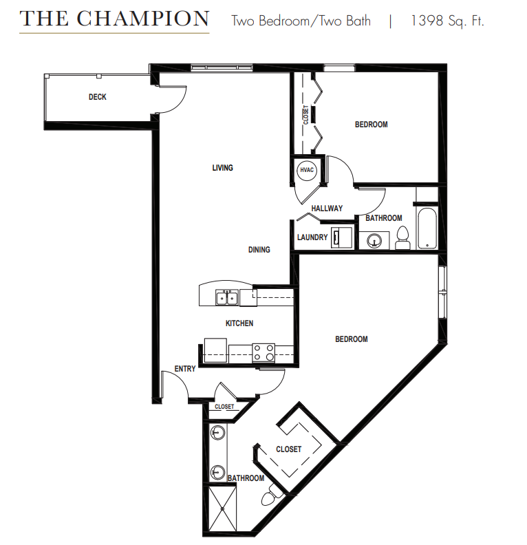Floor plan for 2 beds, 2 baths, 1398 sqft