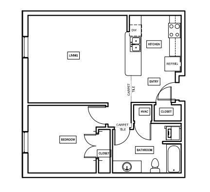 Floor plan for 1 bed, 1 bath, 757 sqft
