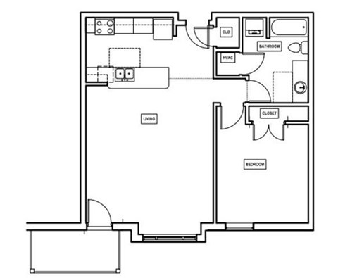 Floor plan for 1 bed, 1 bath, 838 sqft