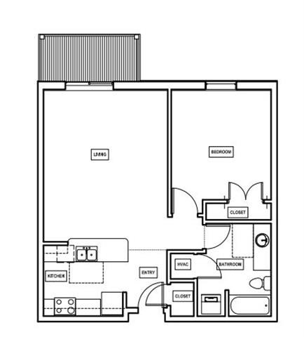 Floor plan for 1 bed, 1 bath, 767 sqft