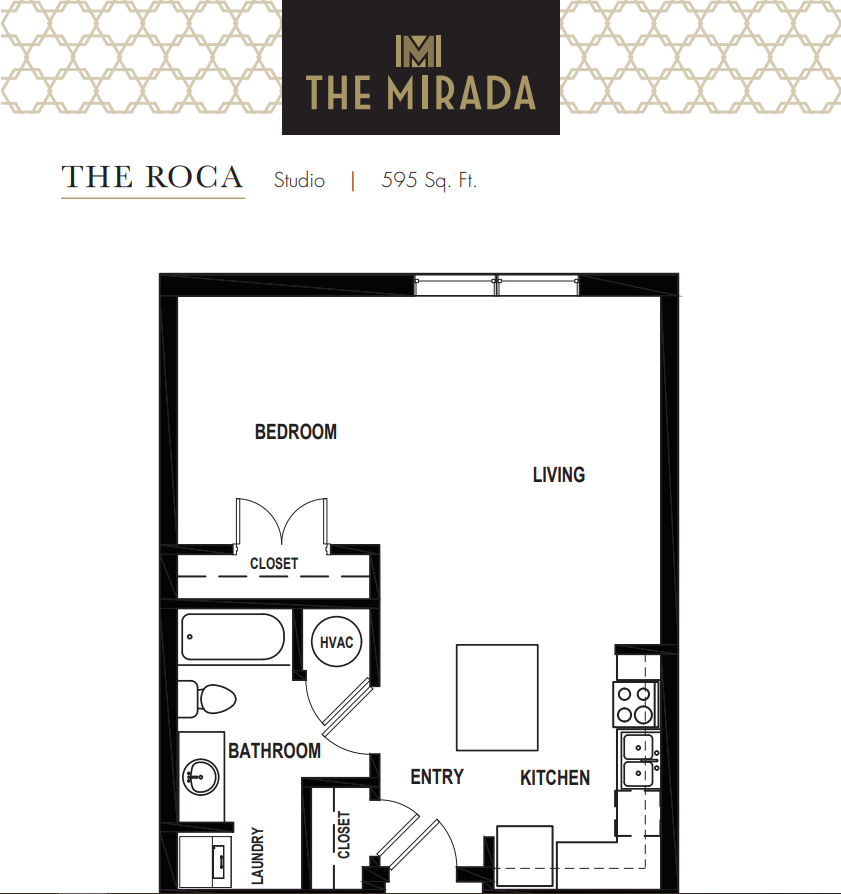 Floor plan for studio, 1 bath, 595 sqft