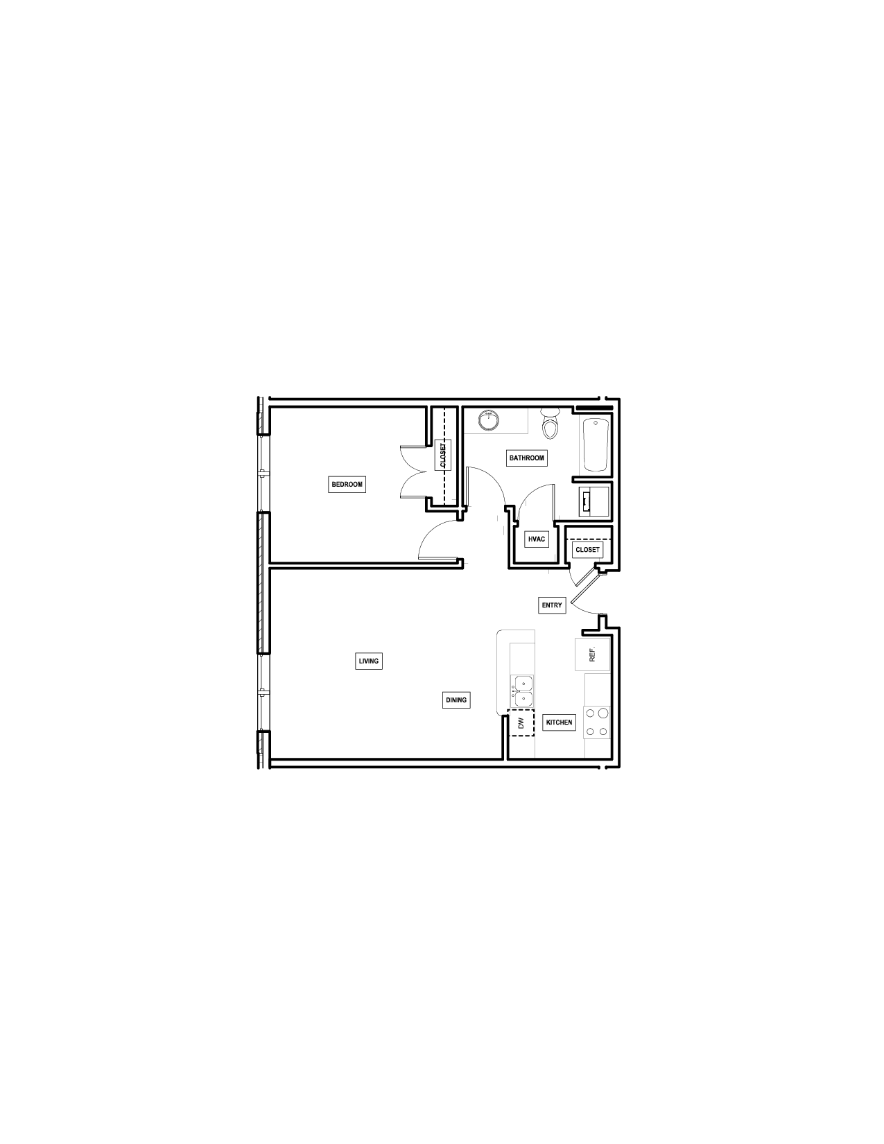 Floor plan for 1 bed, 1 bath, 757 sqft