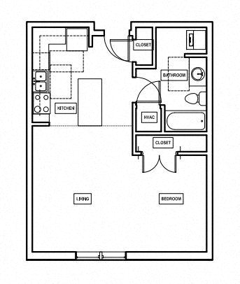 Floor plan for studio, 1 bath, 595 sqft