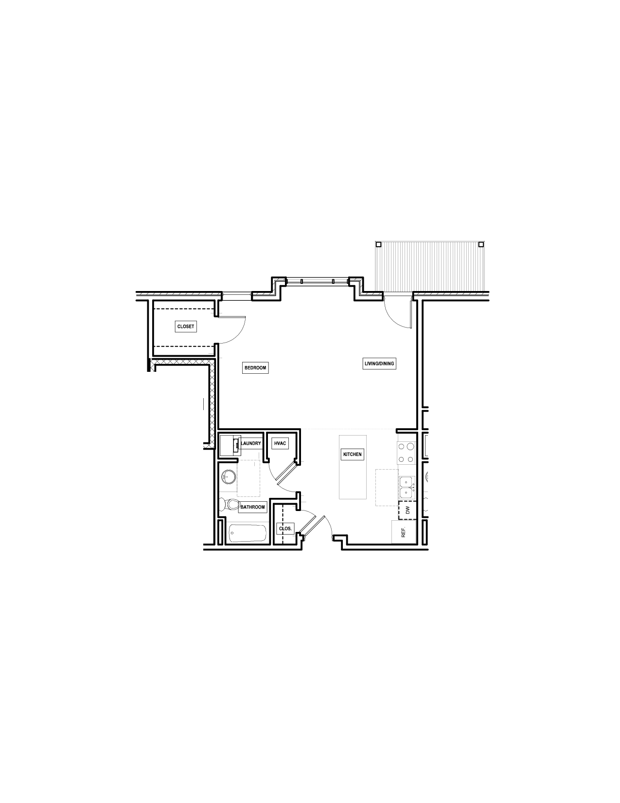 Floor plan for studio, 1 bath, 708 sqft