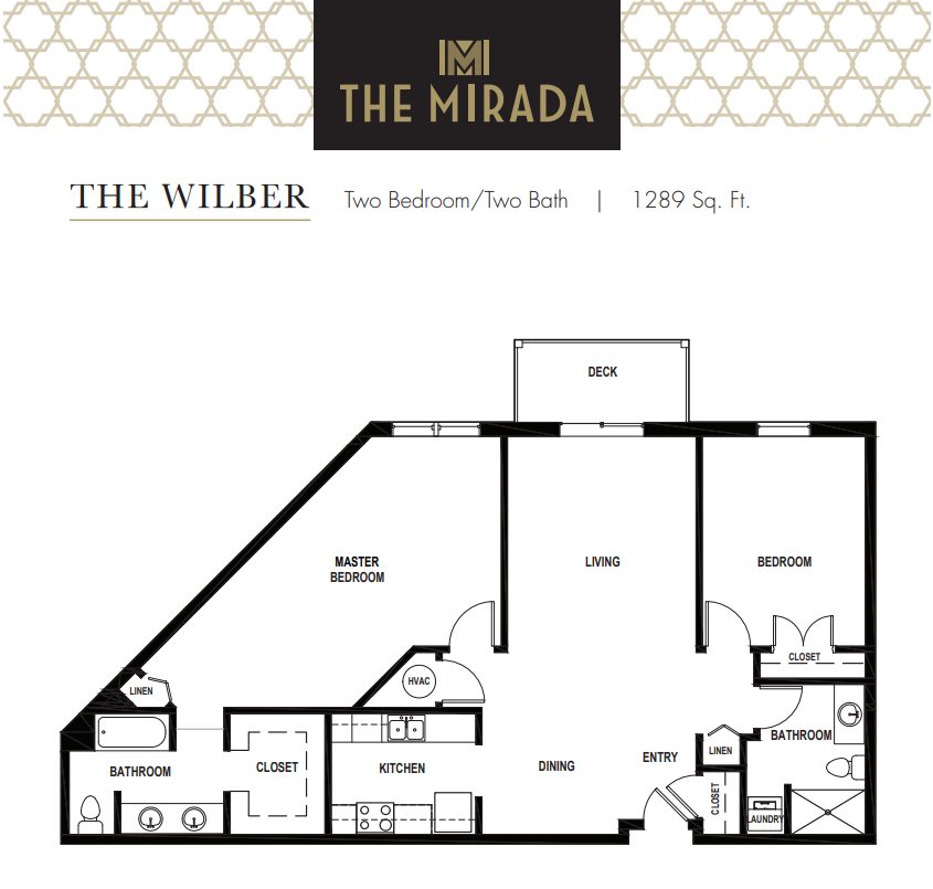 Floor plan for 2 beds, 2 baths, 1289 sqft
