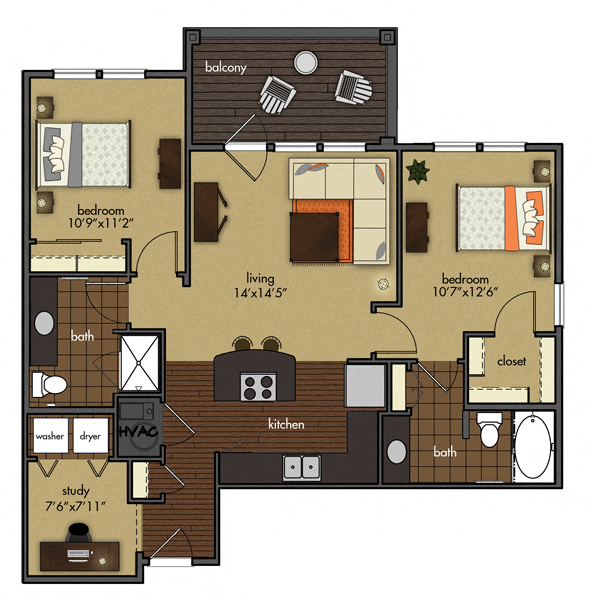 Floor plan for 2 beds, 2 baths, 1039 sqft