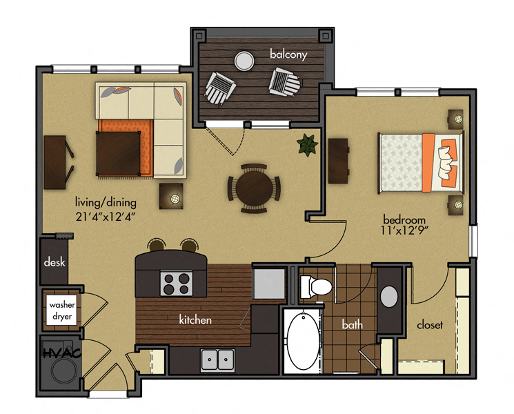 Floor plan for 1 bed, 1 bath, 759 sqft