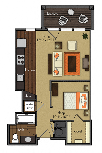 Floor plan for studio, 609 sqft