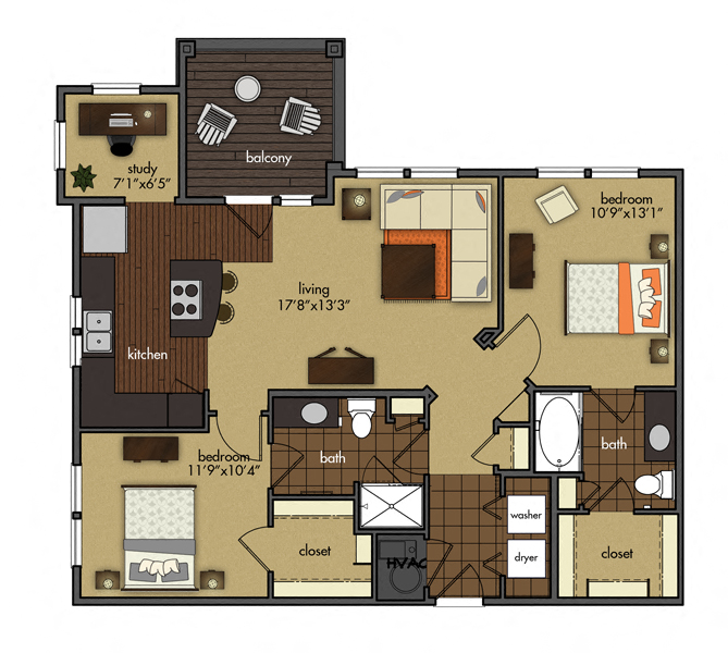 Floor plan for 2 beds, 2 baths, 1083 sqft